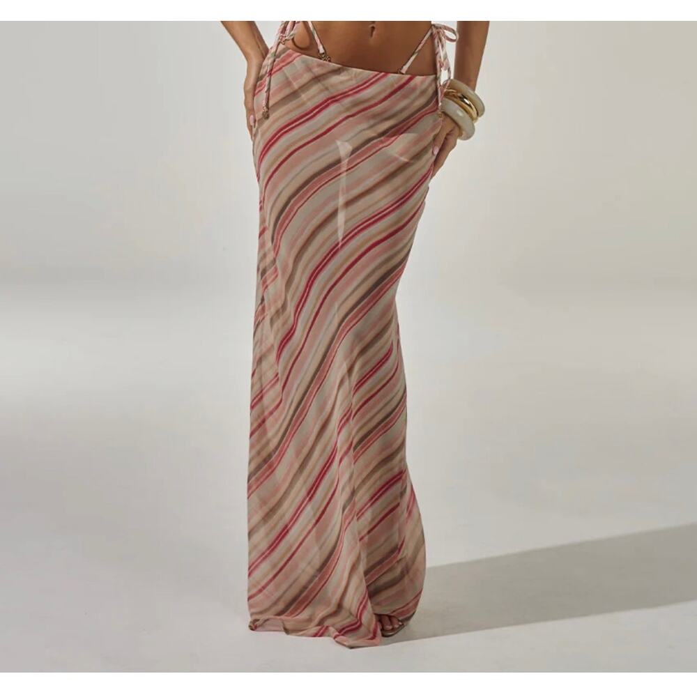 Runaway‎ The Label Cyrus Sheer Low Rise Maxi Skirt Pink Striped Y2K Resort XXL